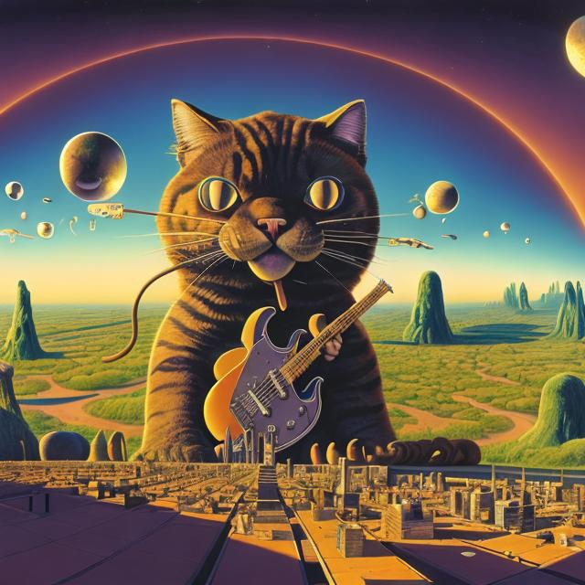 Prompt: panorama wide angle view of a giant cat playing guitar, infinity vanishing point, in the style of Jacek Yerka