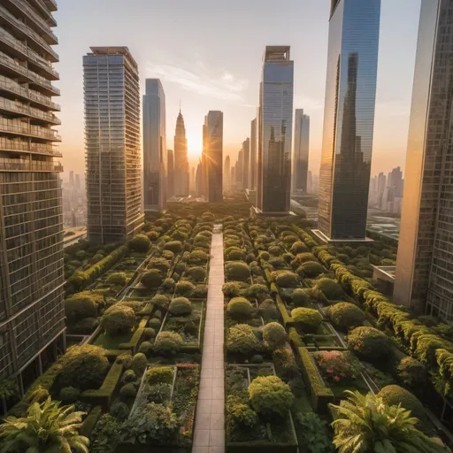 Prompt: 1000 floor skyscrapers and lush gardens, overhead golden hour lighting, extra wide angle field of view, infinity vanishing point