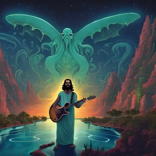 Prompt: wide view of jesus playing guitar and the twelve apostles playing guitars, at an exotic rooftop infinity pool, infinity vanishing point, cthulhu nebula background