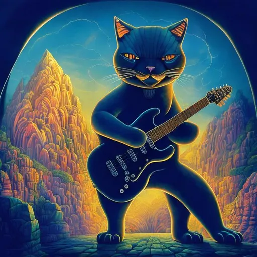 Prompt: giant sapphire crystal statue of a giant cat playing guitar, in the style of Jacek Yerka, widescreen view, infinity vanishing point