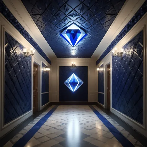 Prompt: surreal AI response, ornately detailed diamond sapphire bas relief hallway, overhead lighting shadows, wide angle view, infinity vanishing point