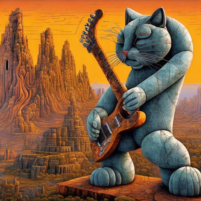 Prompt: giant rusty marble statue of a giant cat playing guitar, in the style of Jacek Yerka, widescreen view, infinity vanishing point