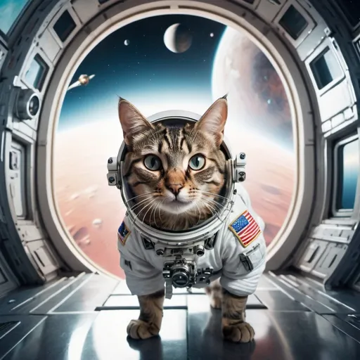 Prompt: Cat Astronaut, outside a surreal space station, evil planet background, 25 degree offset, wide angle perspective, infinity vanishing point