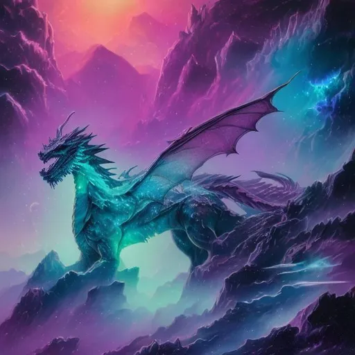 Prompt: crystal dragon, infinity vanishing point, nebula landscape