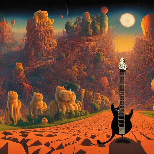 Prompt: panorama wide angle view of a giant cat playing guitar, infinity vanishing point, in the style of Jacek Yerka