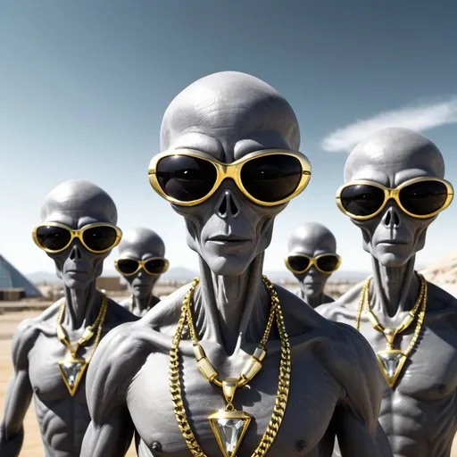 Prompt: grey aliens wearing gold necklaces and diamond sunglasses, an evil technopolis in the background, 25 degree offset, wide angle perspective, infinity vanishing point