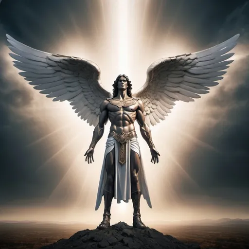 Prompt: giant archangel Sahaquiel from the Third Book of Enoch, overhead lighting, wide angle view, surreal background proportions, infinity vanishing point