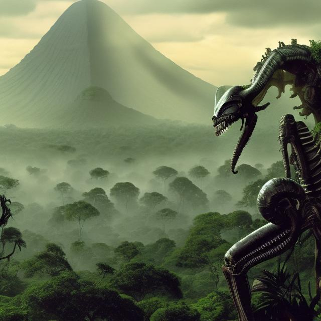 Prompt: wide panorama view, hundreds of xenomorphs climbing up pyramid, set in Belize rain forest jungle, nuclear blast background