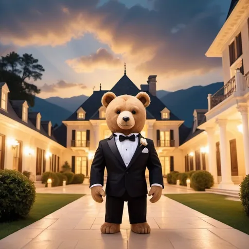 Prompt: dream date bear in a tuxedo, outdoors exotic mansion background, overhead golden lighting, wide angle view, infinity vanishing point