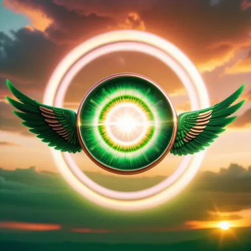 Prompt: seven giant green eyes on a winged ring in flight, colorful apocalypse background, golden hour overhead lighting, extra wide angle view, infinity vanishing point