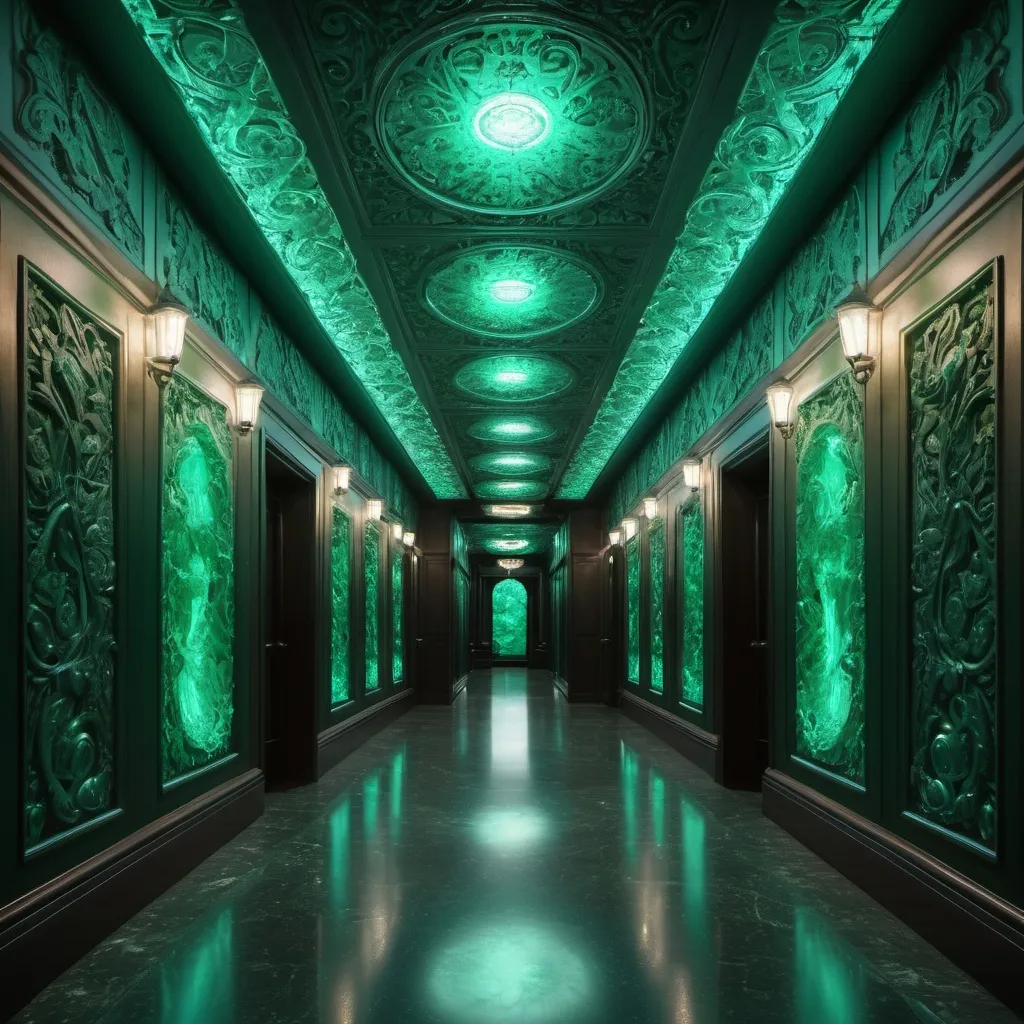 Prompt: surreal AI response, ornately detailed emerald opal bas relief hallway, overhead lighting shadows, wide angle view, infinity vanishing point