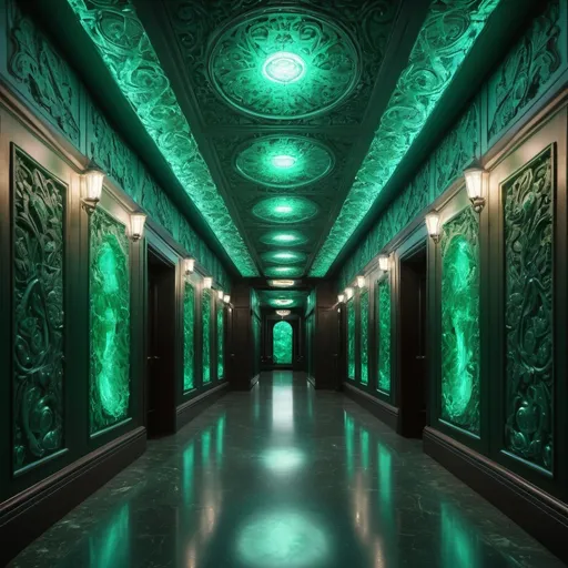 Prompt: surreal AI response, ornately detailed emerald opal bas relief hallway, overhead lighting shadows, wide angle view, infinity vanishing point