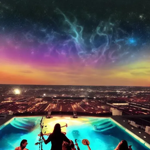 Prompt: view at 10 feet from a jesus band playing guitars, at an exotic rooftop infinity pool, infinity vanishing point, cthulhu nebula background