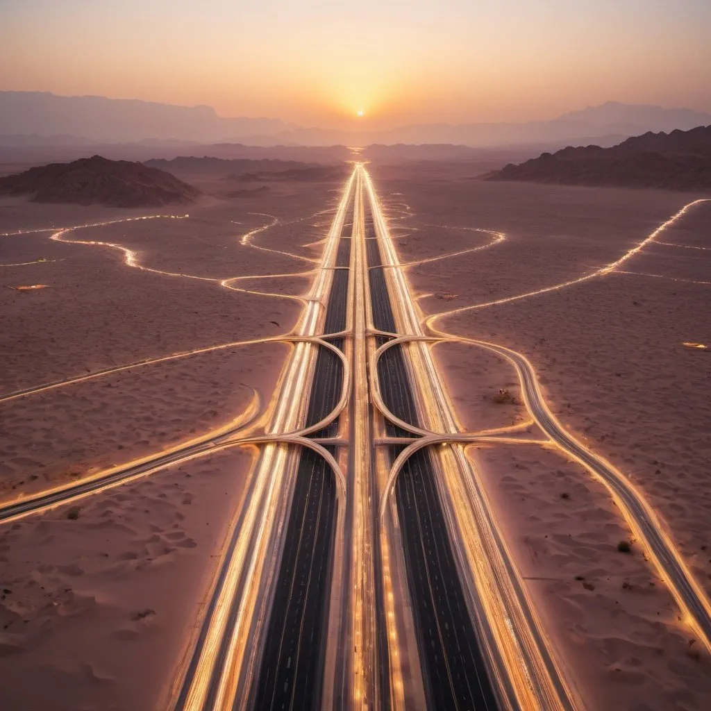 Prompt: The Line, the future linear smart city in Neom, Tabuk Province, Saudi Arabia. 
 overhead golden hour lighting, extra wide angle field of view, infinity vanishing point