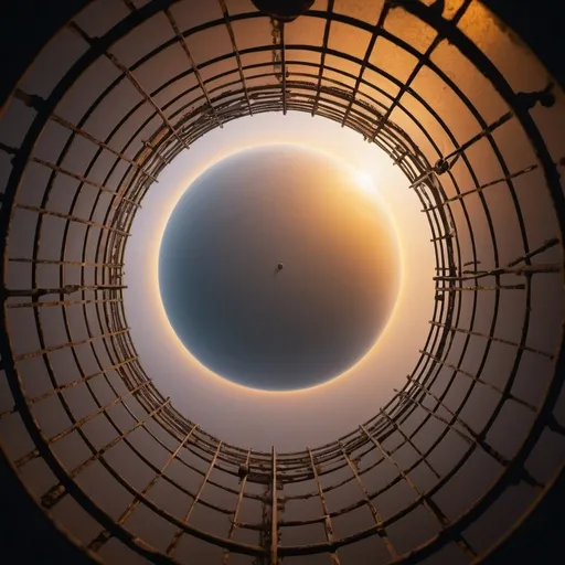 Prompt: prison surface planet, overhead golden hour lighting, foggy wide angle view, infinity vanishing point