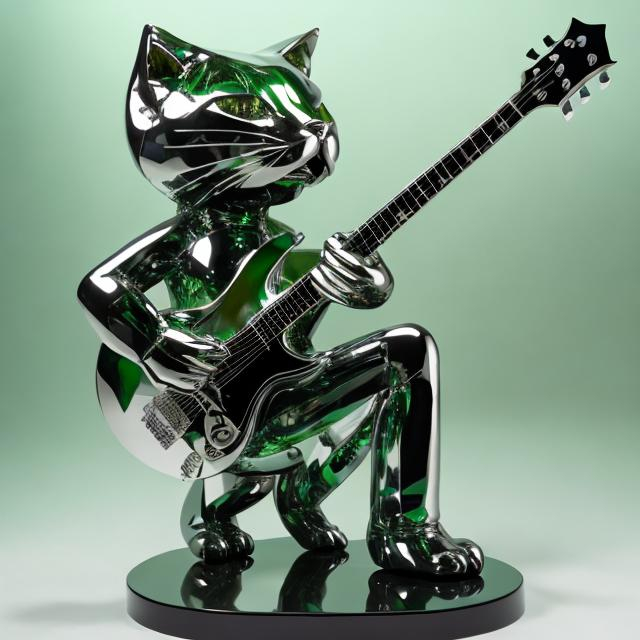 Prompt: ((((giant cat playing guitar) green diamond statue inlaid with chrome) in the style of Ron English) wide perspective view) infinity vanishing point