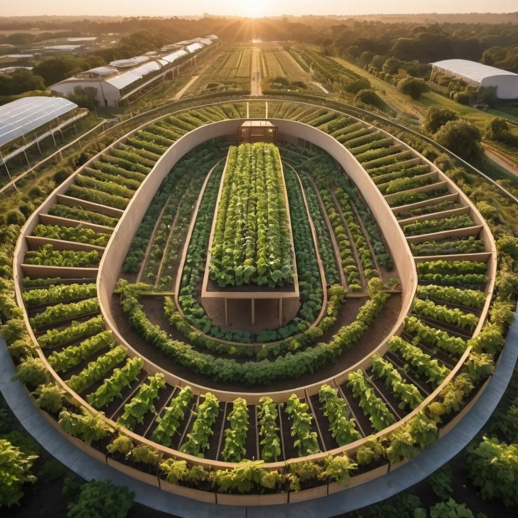 Prompt: megastructure surrounded by lush vegetable gardens, overhead golden hour lighting, extra wide angle field of view, infinity vanishing point