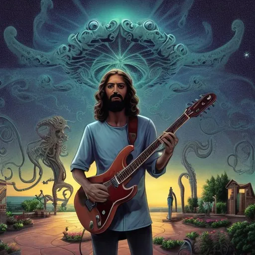 Prompt: wide view, jesus playing guitar in front of a patio gazebo barbeque grill, infinity vanishing point, Cthulhu nebula background