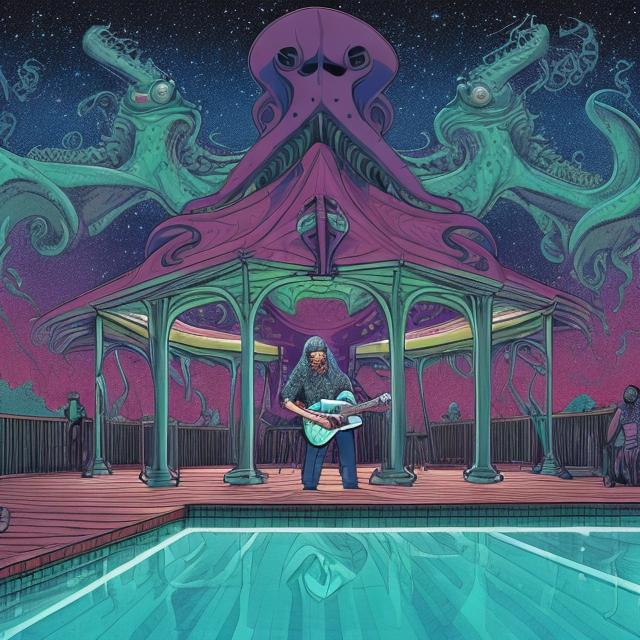 Prompt: wide perspective, jesus band playing guitars at a poolside patio gazebo barbeque grill, infinity vanishing point, Cthulhu nebula background