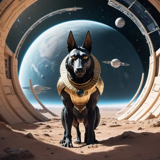 Prompt: Anubis floating in space outside a distant ancient surreal space station, an evil techno-planet in the background, 25 degree offset, wide angle perspective, infinity vanishing point