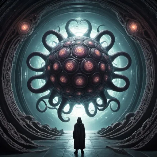 Prompt: giant Yog-Sothoth, overhead lighting, wide angle view, surreal background proportions, infinity vanishing point