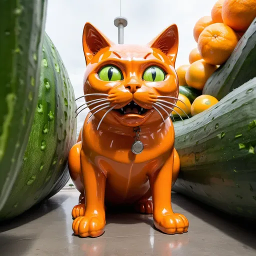 Prompt: giant orange chrome statue of cat scared of a cucumber, infinity vanishing point