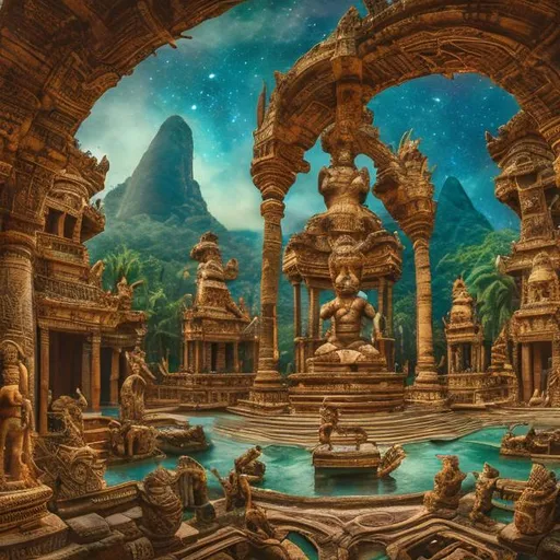 Prompt: wide view of an ancient patina bronze bodybuilding vishnu band playing guitars at an exotic temple, tropical jungle background, galaxy sky, infinity vanishing point