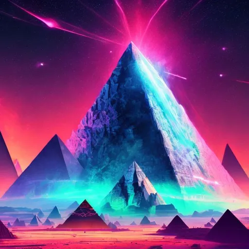 Prompt: wide view cropped image, giant crystal pyramid, overhead lighting, infinity vanishing point, neon nebula background