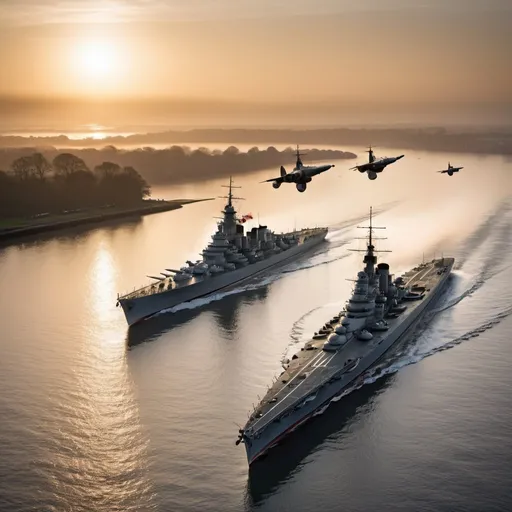 Prompt: HMS Nelson and HMS Rodney, super battleships, overhead golden hour lighting, foggy wide angle view, infinity vanishing point