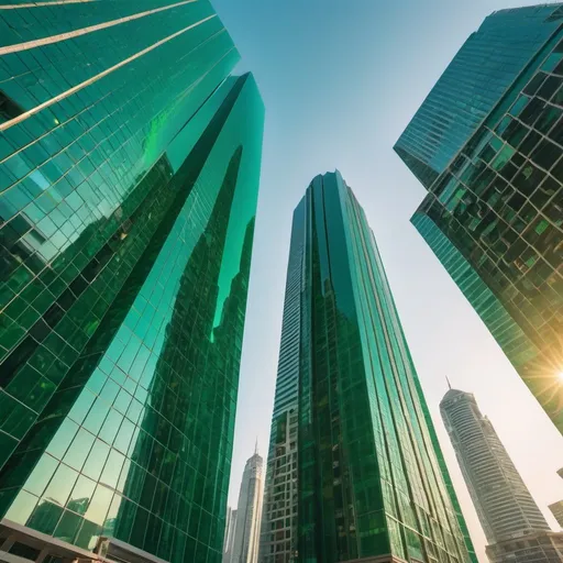 Prompt: city of emerald green glass mega skyscrapers, overhead golden hour lighting, extra wide angle view, infinity vanishing point