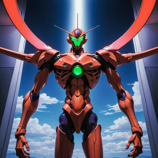 Prompt: giant Sahaquiel in Neon Genesis Evangelion, overhead lighting, wide angle view, surreal background proportions, infinity vanishing point