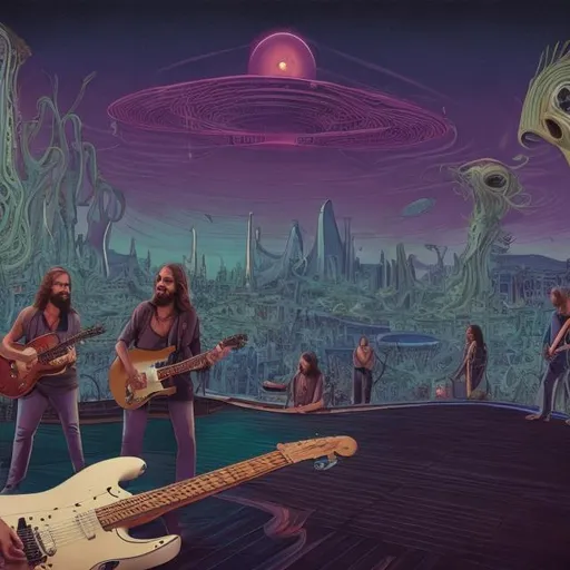 Prompt: wide view of jesus band playing guitars, at an exotic rooftop infinity pool, infinity vanishing point, dancing cthulhus background