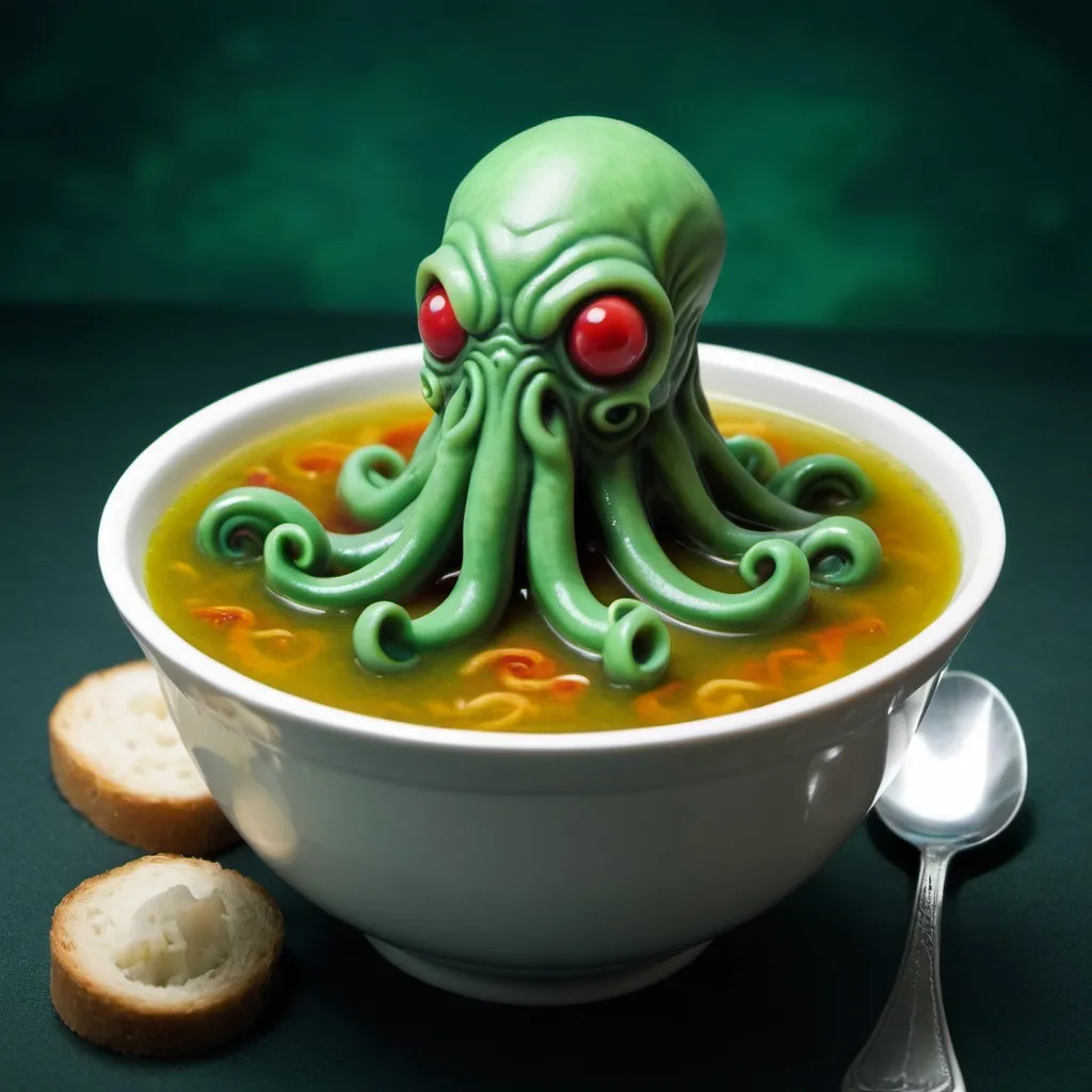 Prompt: cthulhu swimming in soup