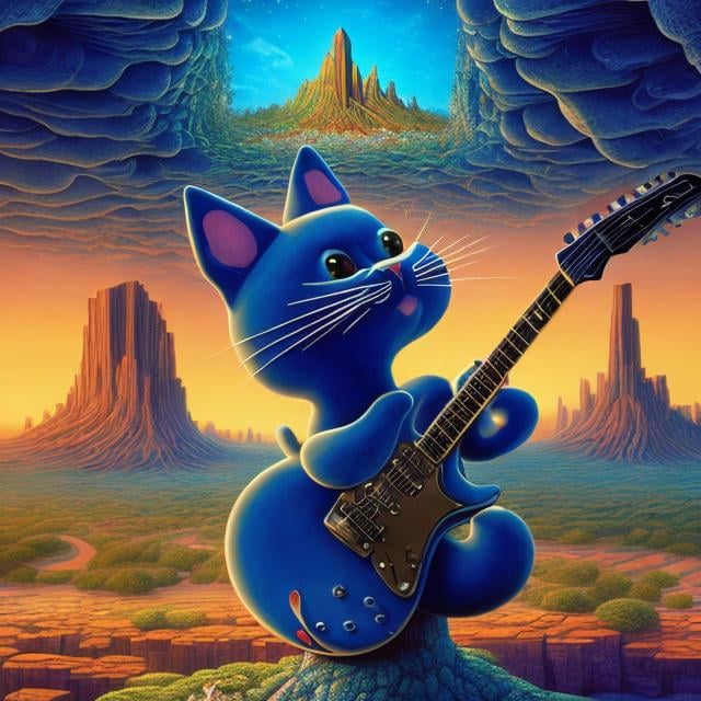 Prompt: giant Lapis lazuli statue of cat playing a guitar, widescreen view, infinity vanishing point, in the style of Jacek Yerka