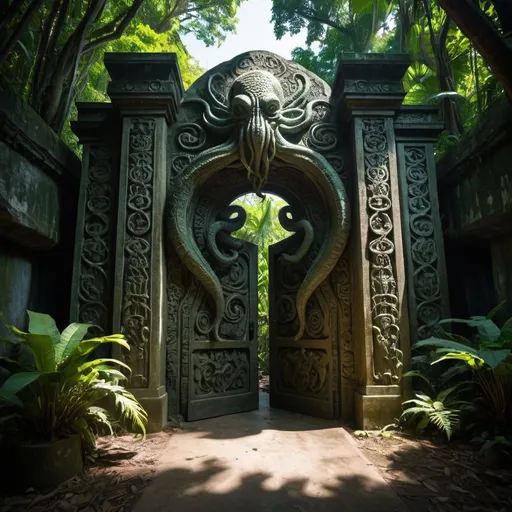 Prompt: in the jungle, an ancient bas relief gate of cthulhu, overhead lighting shadows, wide angle view, infinity vanishing point