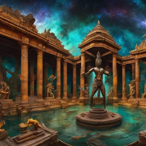 Prompt: wide view of an ancient patina bronze bodybuilding vishnu playing guitars at an exotic temple, tropical jungle background, galaxy sky, infinity vanishing point
