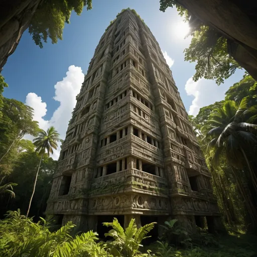 Prompt: in the Belize jungle, a giant ancient intricately detailed bas relief covered megaskyscraper arcology of xenomoprhs, overhead lighting shadows, wide angle view, 25 degree offset infinity vanishing point