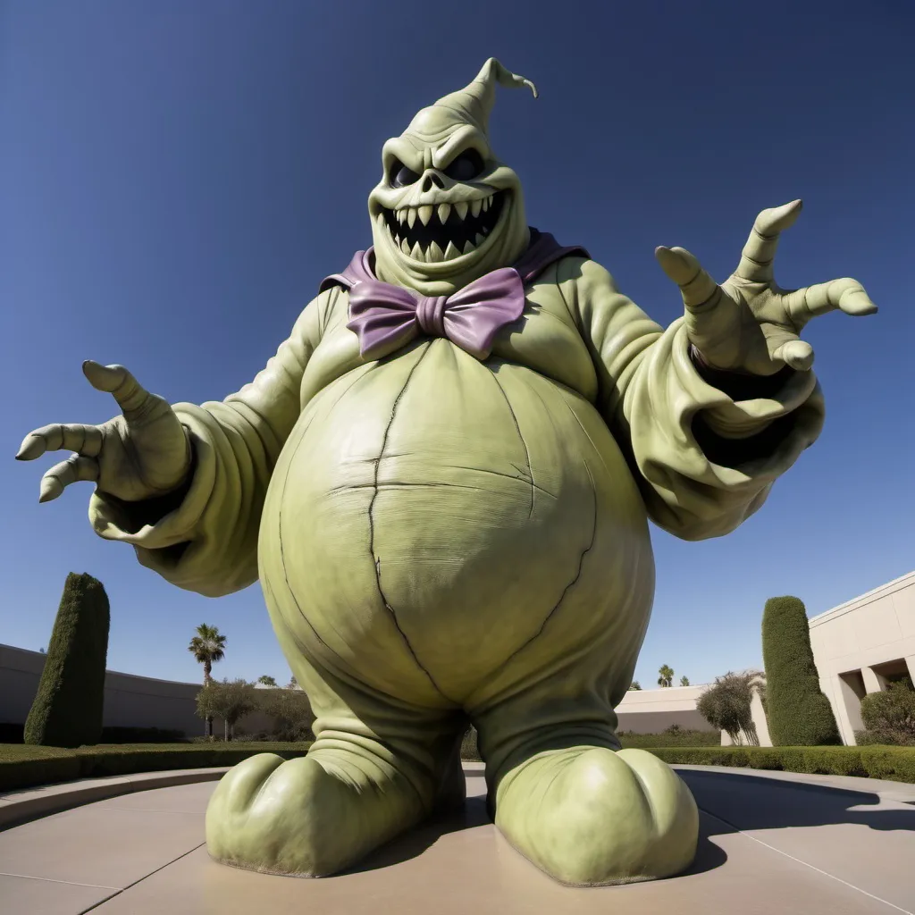 Prompt: giant oogie boogie statue, wide angle view, surreal background, infinity vanishing point