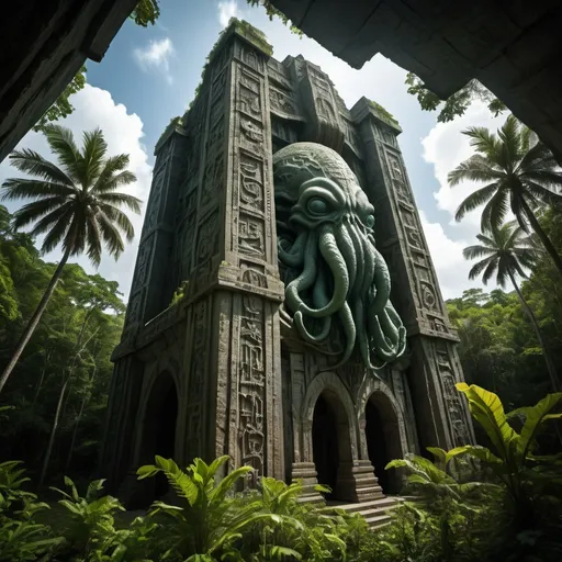 Prompt: in the Belize jungle, a giant ancient intricately detailed bas relief covered megaskyscraper arcology of cthulhu, overhead lighting shadows, wide angle view, 25 degree offset infinity vanishing point