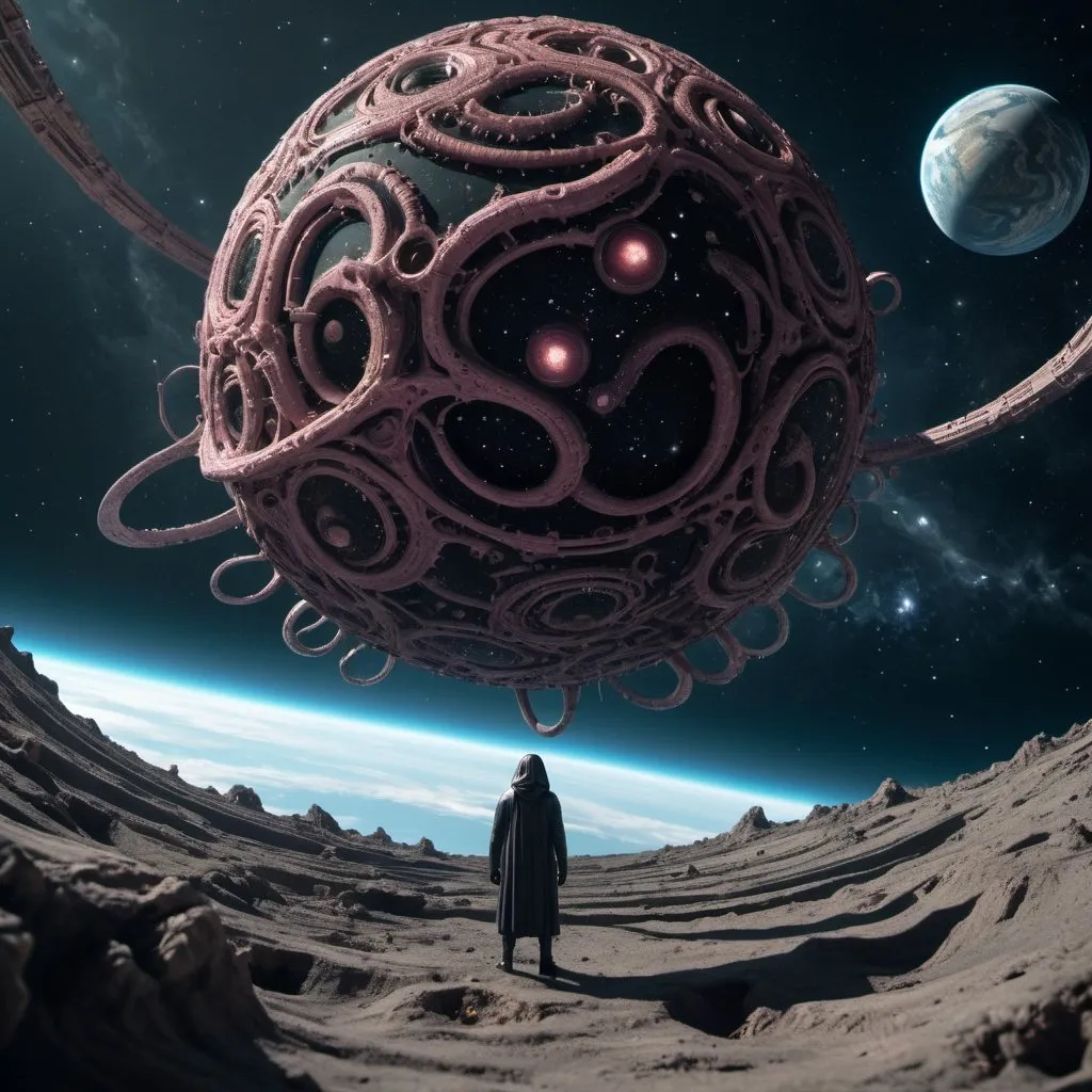 Prompt: Yog-Sothoth floating in space outside a distant ancient surreal space station, an evil techno-planet in the background, 25 degree offset, wide angle perspective, infinity vanishing point