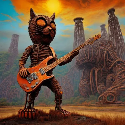 Prompt: giant rust streaked iron statue of a giant cat playing guitar, in the style of Jacek Yerka, widescreen view, infinity vanishing point