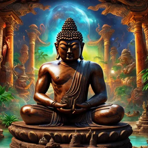 Prompt: widescreen image of an ancient patina bronze bodybuilding buddha playing guitar in front of an exotic alien temple, tropical jungle background, galaxy sky, infinity vanishing point