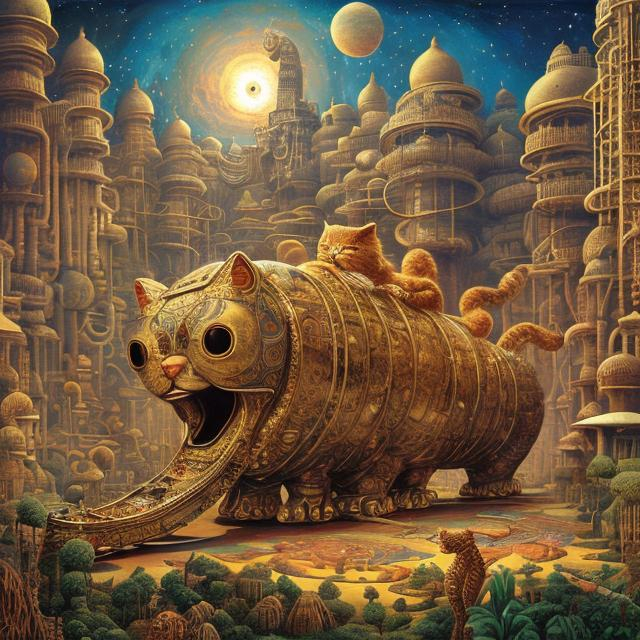 Prompt: giant gold cat playing a sitar, widescreen view, infinity vanishing point, in the style of Jacek Yerka