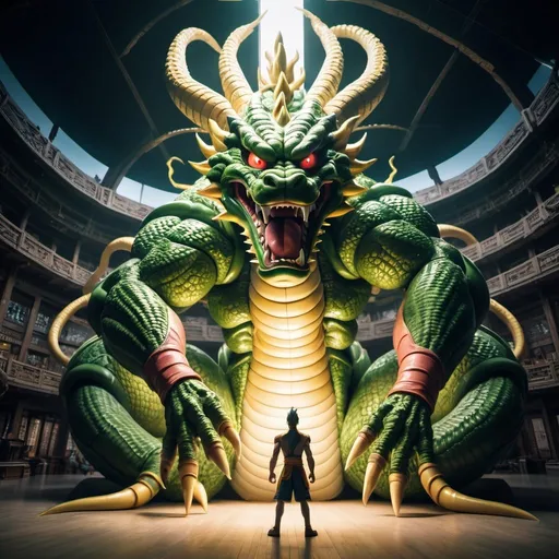 Prompt: giant Super Shenron, overhead lighting, wide angle view, surreal background proportions, infinity vanishing point