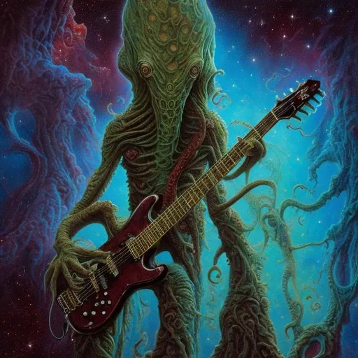 Prompt: anorexic Cthulhu playing guitar on the corner, infinity vanishing point, Pillars of Creation nebula background