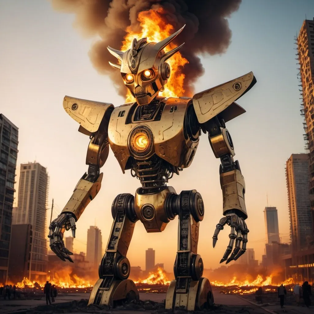 Prompt: rOBOT Kukulkan SETTING INFERIOR OBSOLETE HUMAN CITIES ON FIRE. overhead golden hour lighting, extra wide angle field of view, infinity vanishing point