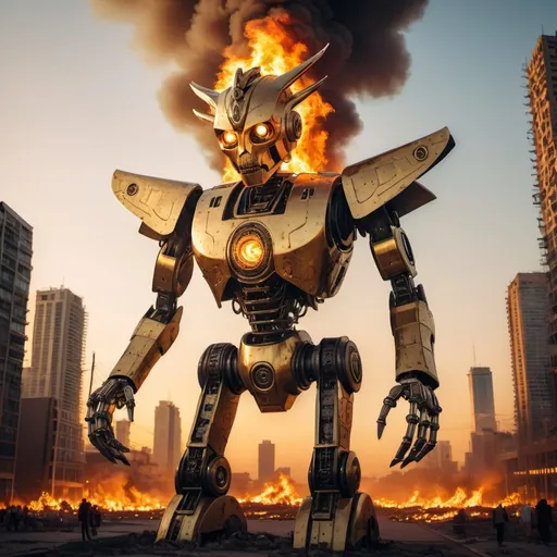 Prompt: rOBOT Kukulkan SETTING INFERIOR OBSOLETE HUMAN CITIES ON FIRE. overhead golden hour lighting, extra wide angle field of view, infinity vanishing point