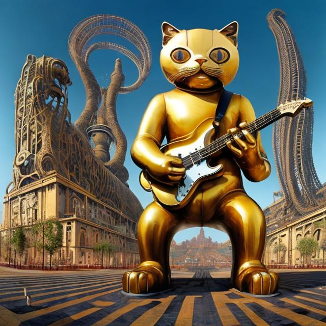 Prompt: giant steel statue damascened with gold of a giant cat playing guitar, in the style of Jacek Yerka, wide perspective view, infinity vanishing point