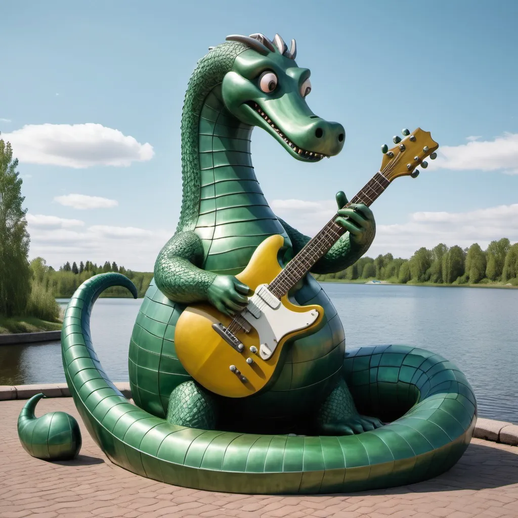 Prompt: giant green metal nessie statue playing guitar, wide background, in the style of Jacek Yerka