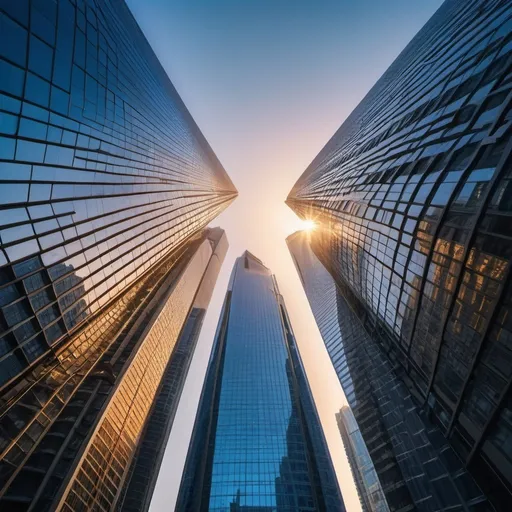 Prompt: city of sapphire blue glass mega skyscrapers, overhead golden hour lighting, extra wide angle view, infinity vanishing point